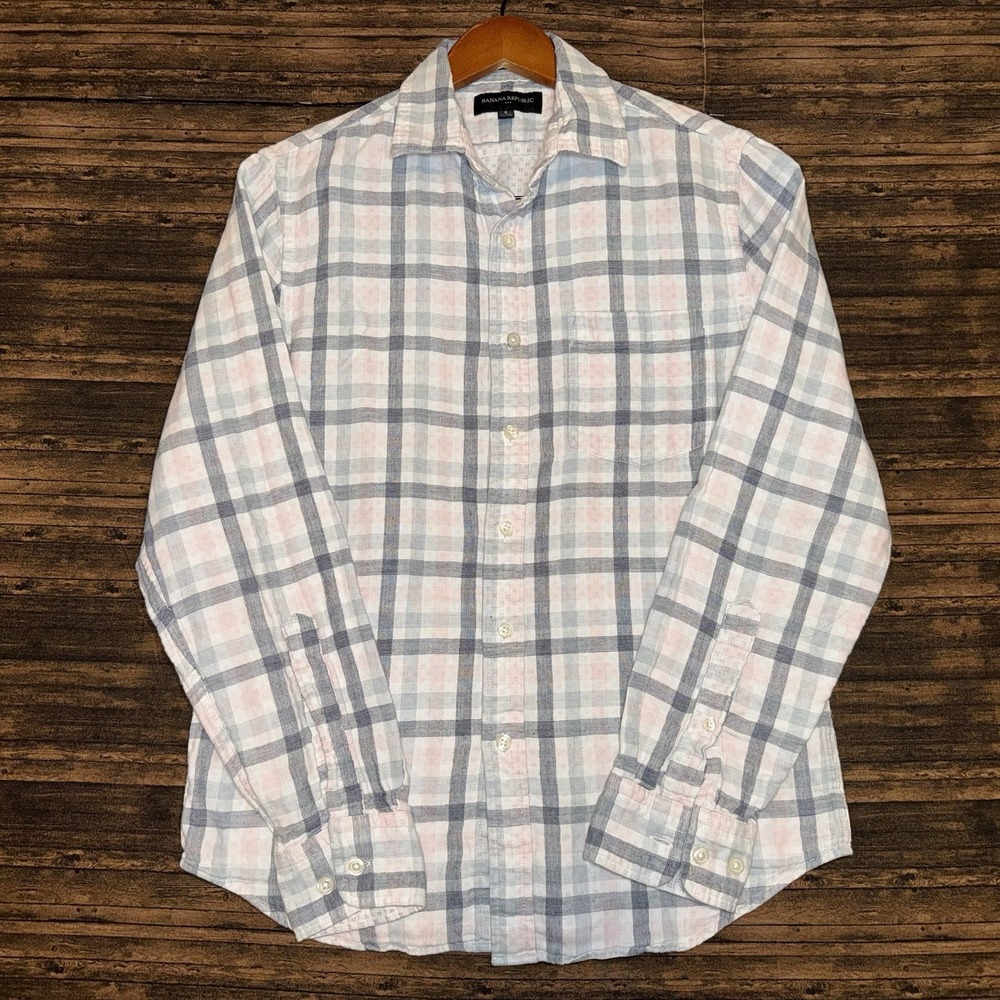 Banana Republic Shirt Mens Small White Pink Black Plaid Preppy